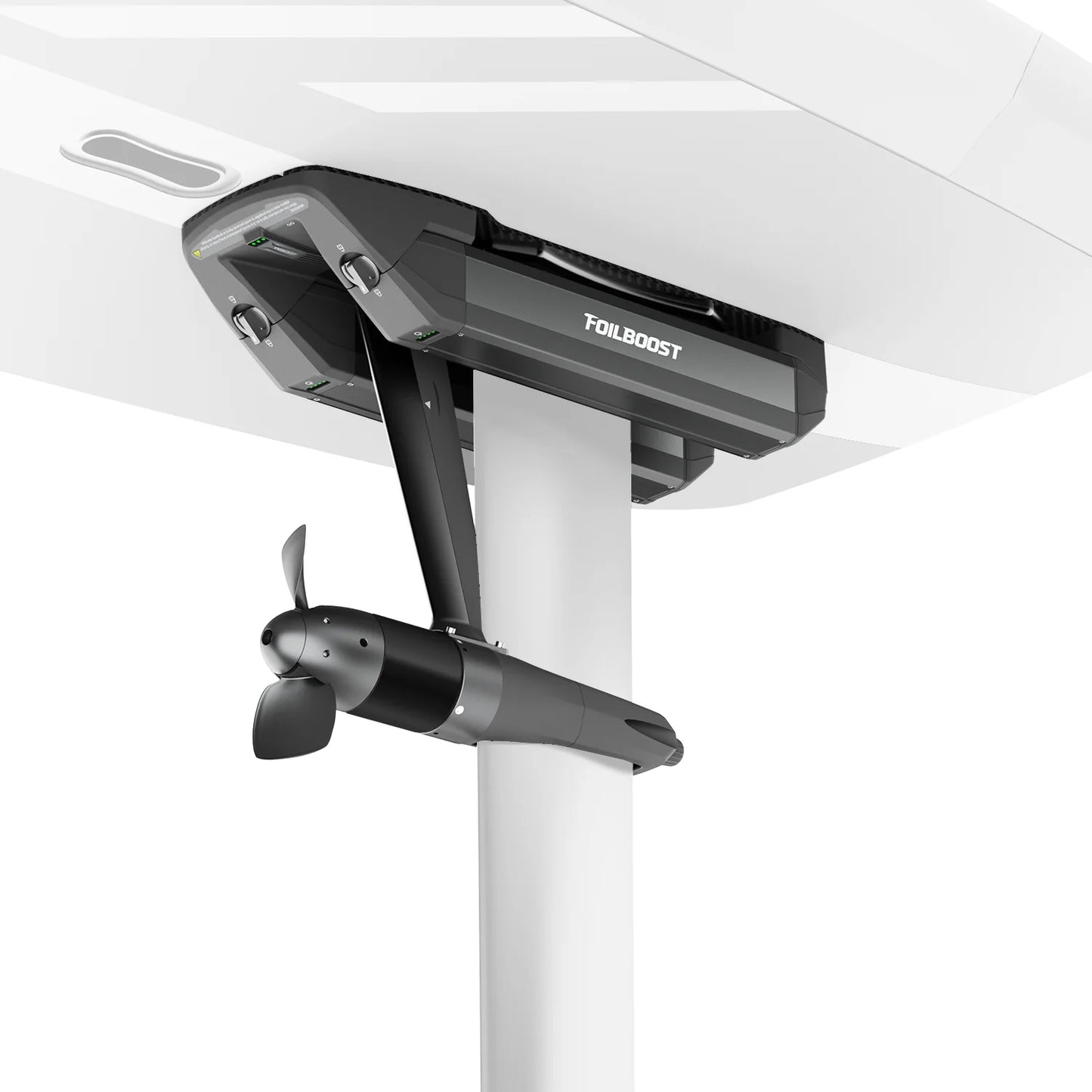 Waydoo FoilBoost electric foil assist kit mounted to hydrofoil mast